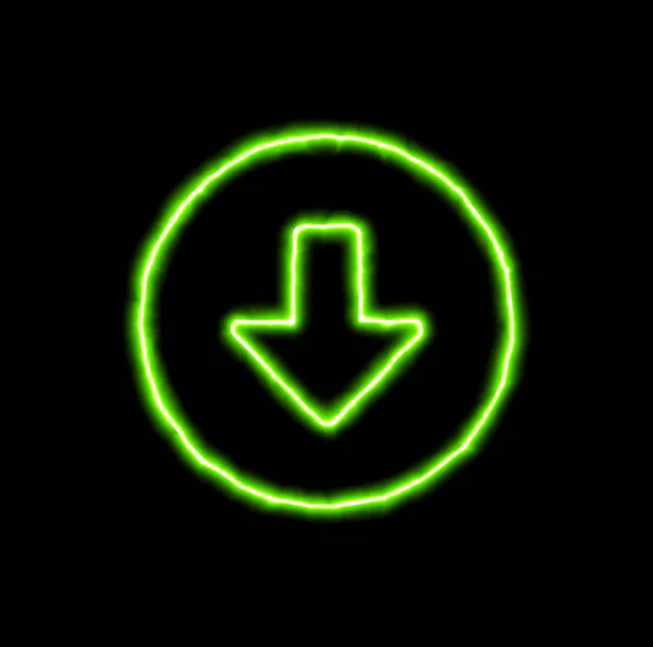 Green neon symbol arrow circle down — Stock Photo, Image