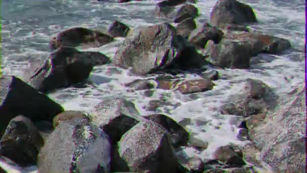 Glitch Effekt Brandung Den Felsen Ostia Italien Video Ultrahd — Stockvideo
