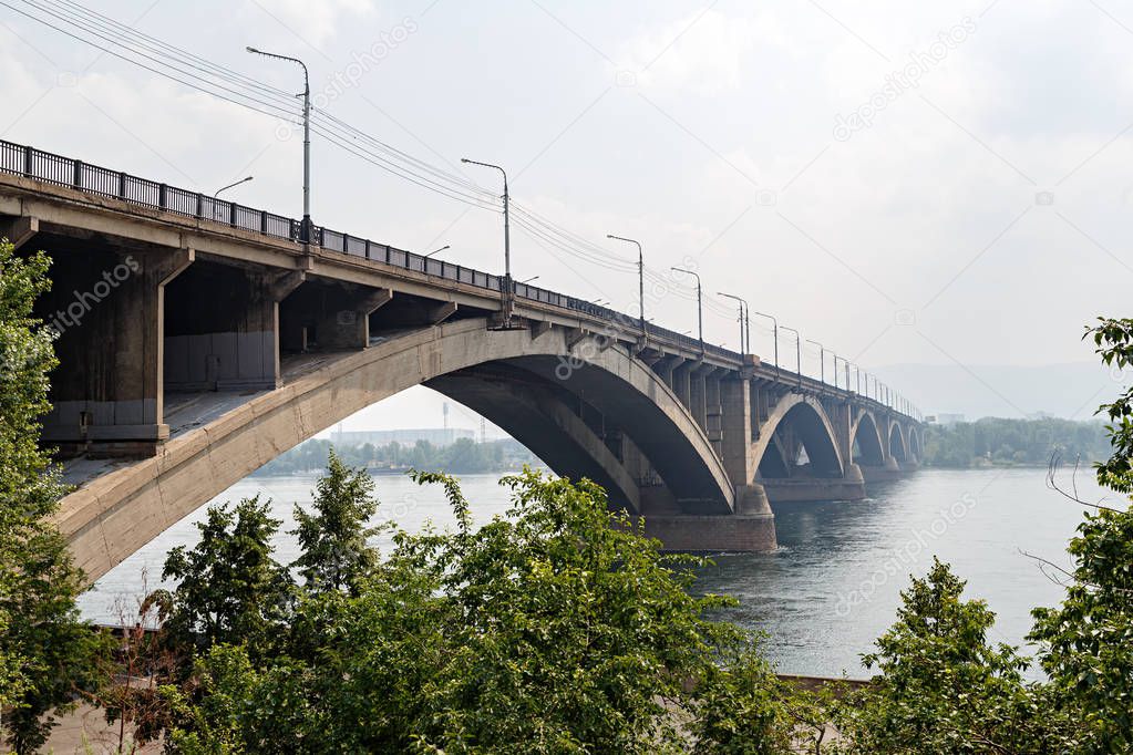 Bridge over the river Yenisei in the city of Krasnoyarsk - Communal bridge. Russia