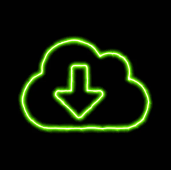 Zelený neonový symbol stáhnout shluk — Stock fotografie