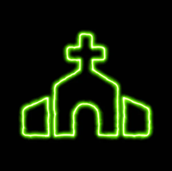 Grön neon symbol kyrka — Stockfoto