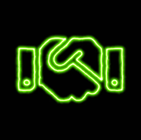 Yeşil neon sembolü el sıkışma — Stok fotoğraf