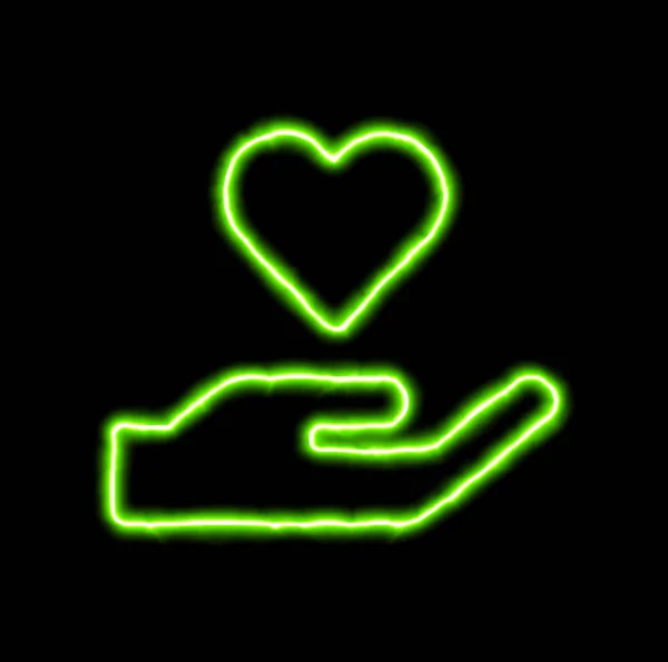 Grüne neon-Symbol Hand hält Herz — Stockfoto