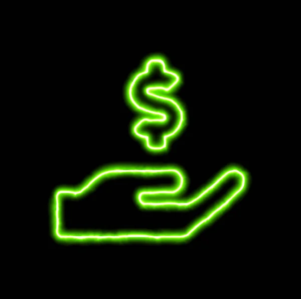 Zelené neon symbol ruky držící usd — Stock fotografie