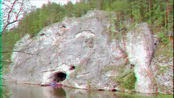 Glitch Effect Rock Karst Bridge Park Deer Streams Russia Video — Stock Video