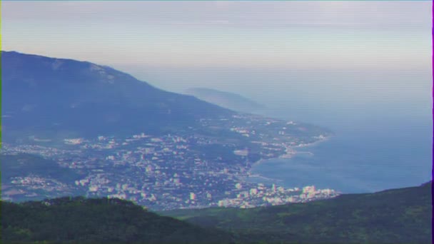 Glitch Effect Panorama Yalta Coast Mount Petri Crimea Video Ultrahd — Stock Video