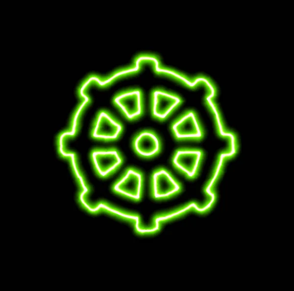 Grön neonsymbol dharmachakra — Stockfoto