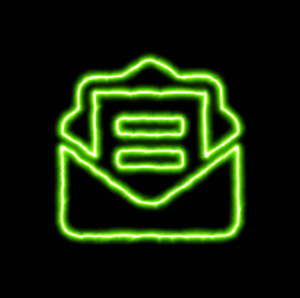 Зеленый неоновый символ конверт открытый текст — стоковое фото