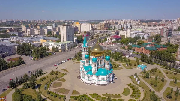 The Cathedral of the Assumption of the Blessed Virgin Mary, panoramic views of the city. Omsk, Russia, From Dron