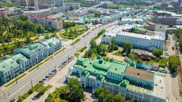 Omsk State Academic Drama Theater. Omsk Regional Museum of Fine Arts named after M. A. Vrubel. Russia, From Dron — Stock Photo, Image