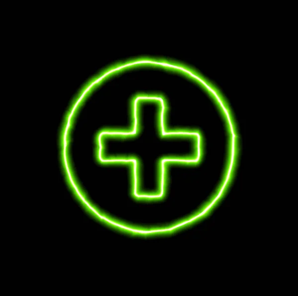 Zelený neonový symbol plus kruh — Stock fotografie