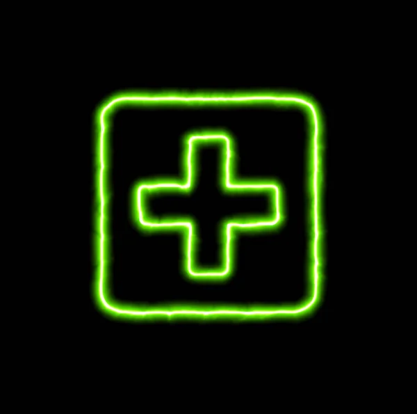 Zöld neon szimbólum plusz négyzet — Stock Fotó