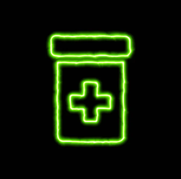 Garrafa de prescrição de símbolo de néon verde — Fotografia de Stock