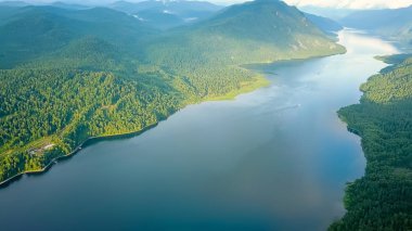 Panoramik göl Teletskoye, bulutlar tırmanıyor. Rusya, altay. Ormanlar, üzerinden Drone ile kaplı dağları