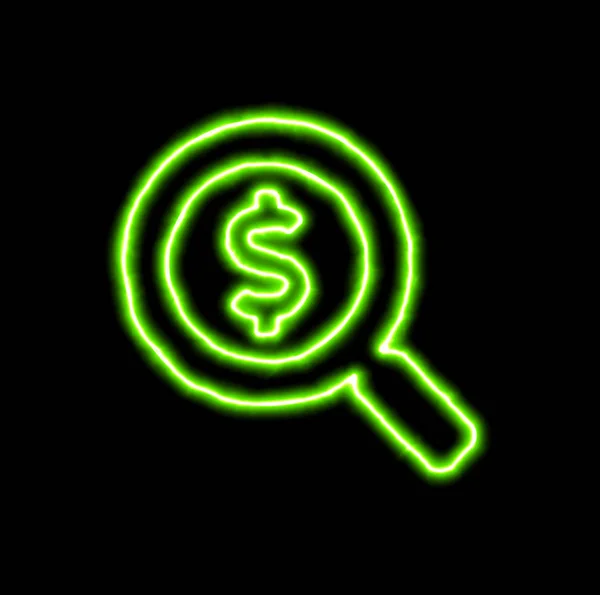 Zöld neon szimbólum Search dollár — Stock Fotó