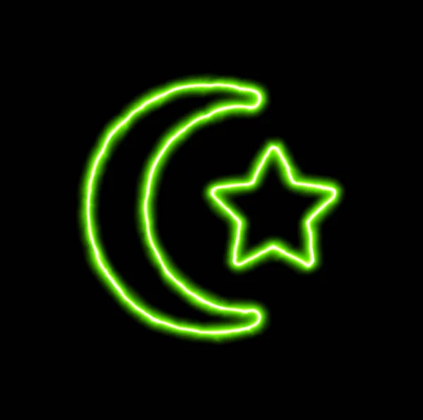 Estrela de símbolo de néon verde e crescente — Fotografia de Stock