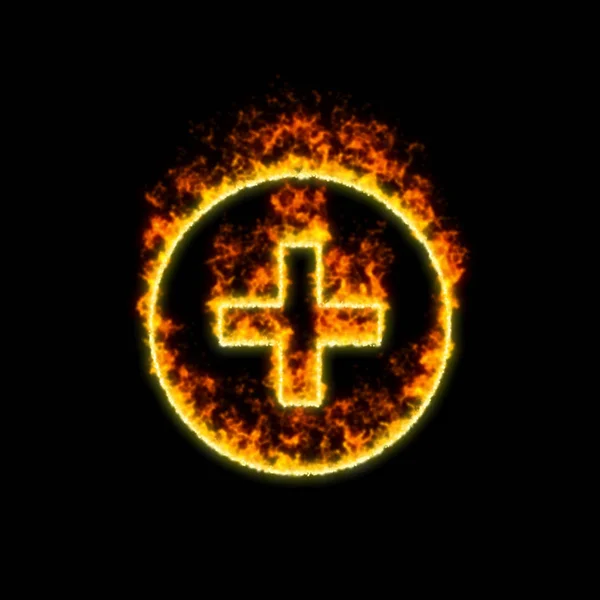 El símbolo más el círculo arde en el fuego rojo — Foto de Stock