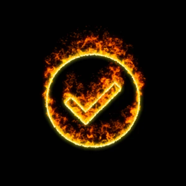 The symbol check circle burns in red fire — Stock Photo, Image