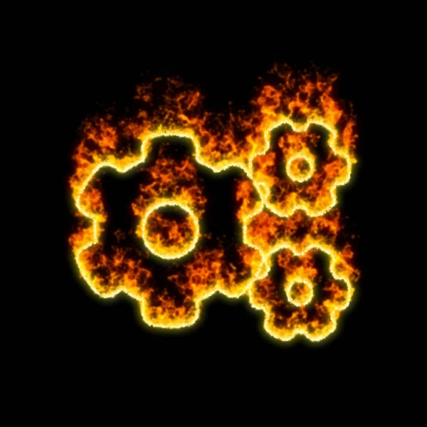 El símbolo engranajes arde en el fuego rojo — Foto de Stock