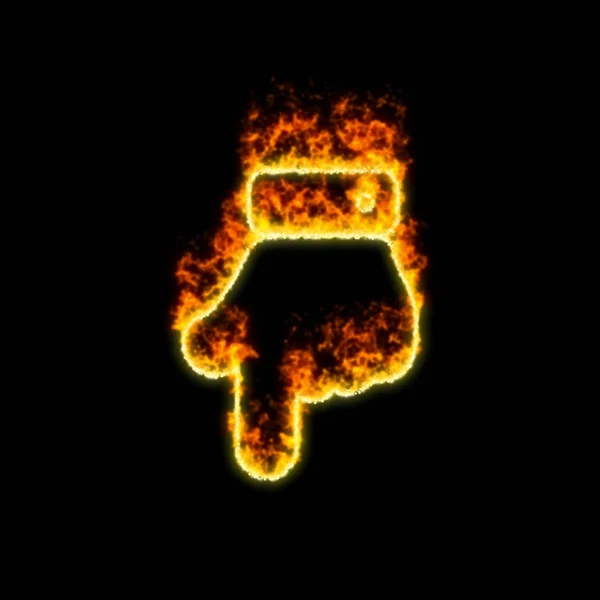 O símbolo mão apontar para baixo queimaduras no fogo vermelho — Fotografia de Stock