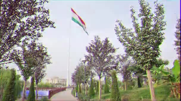 Glitch Effect Flag Tajikistan Flag Park Dushanbe Tajikistan Video — Stock Video