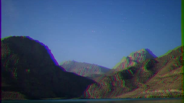 Efecto Fallo Técnico Estrellas Sobre Las Montañas Panorama Iskanderkul Tayikistán — Vídeos de Stock