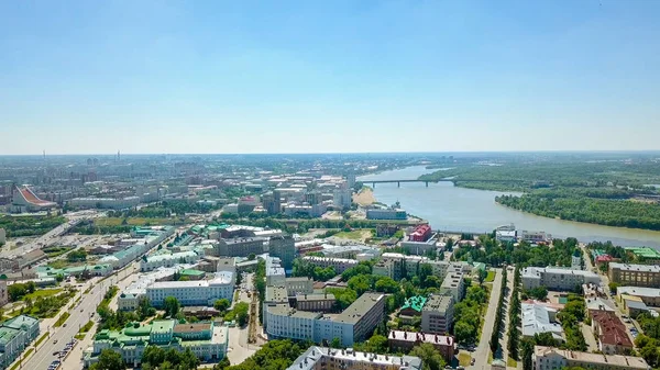 The merger of the Irtysh and Om rivers, panoramic views of the city. Omsk, Russia, From Dron — Stock Photo, Image