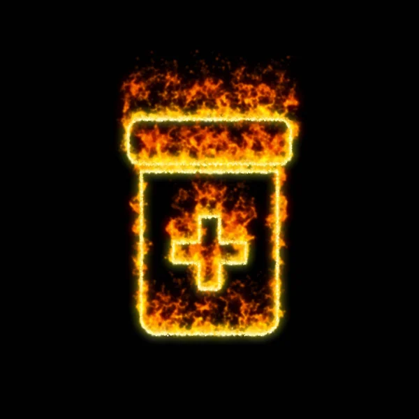 O símbolo garrafa de prescrição queima no fogo vermelho — Fotografia de Stock