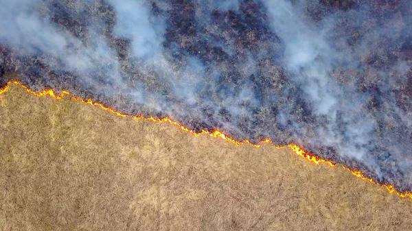 Un gran incendio. La hierba seca está ardiendo. mucho humo. Ekaterinburg, Rusia, Desde Dron — Foto de Stock