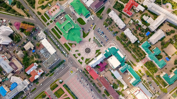 Russia, Ulan-Ude. Theater Square named after Lhasaran Linhovoin, From Drone, HEAD OVER SHOT