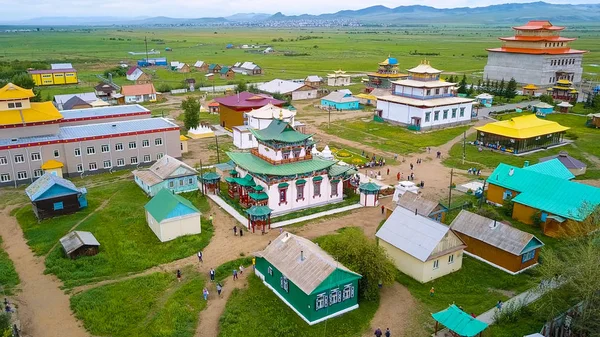 Ivolginsky datsan.Buddhist Temple located in Buryatia, Russia. Was opened in 1945 as the Buddhist spiritual center of the USSR, From Drone — Stock Photo, Image