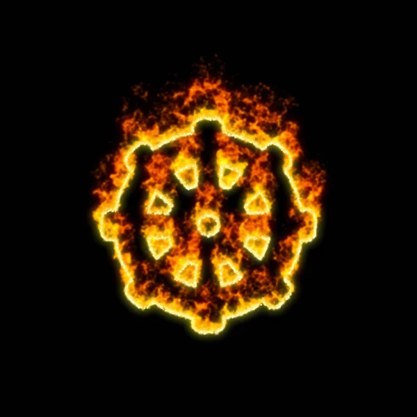 Символ дхармачакра горить у червоному вогні — стокове фото