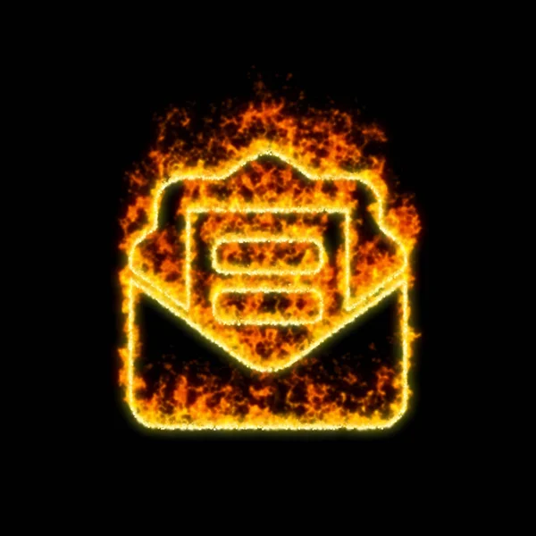 Obálka s symbolem otevřeného textu hoří v červeném ohni — Stock fotografie