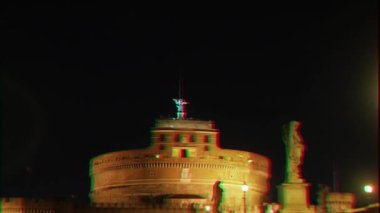 Aksaklık etkisi. Castel Sant'Angelo, Yakınlaştırma. Gece. Roma. İtalya. Video. Ultrahd (4k))