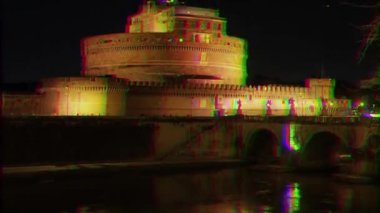 Aksaklık etkisi. Sant'Angelo, Gece. Tiber, Roma üzerinde köprü. İtalya. Video. Ultrahd (4k))