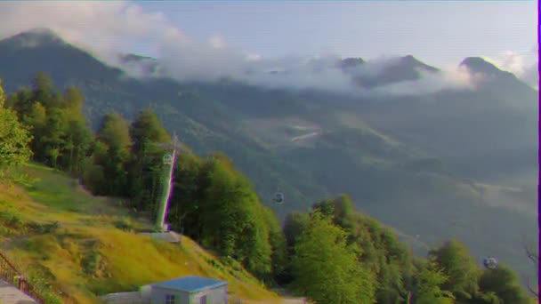 Glitch Effect Slopes Mountains Sunset Rosa Khutor Sochi Russia Video — Stock Video