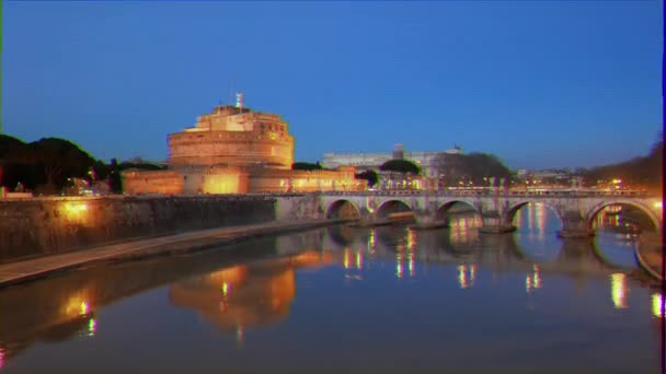Efekt Glitch Sant Angelo Wieczór Tyber Rzym Włochy Wideo Ultrahd — Wideo stockowe