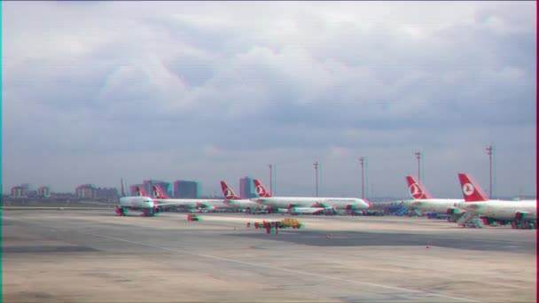 Glitch Effekt Der Flughafen Von Istanbul Flugzeuge Geparkt Istanbul Türkei — Stockvideo