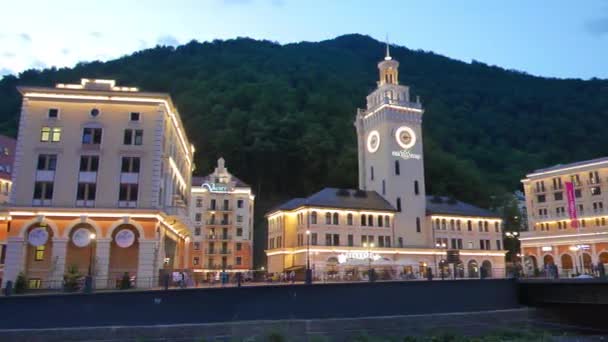 Efecto Fallo Técnico Rosa Khutor Torre Del Reloj Por Noche — Vídeos de Stock