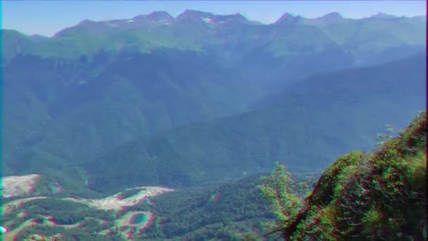 Эффект глюка. Вид сверху на Розу Хутор. Панорама. Черногория - 2006. 4K — стоковое видео