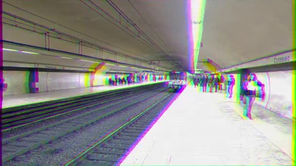 Efekt Glitch Subway Rzym Włochy Lutego 2015 Przyjazd Pociągu Stacji — Wideo stockowe