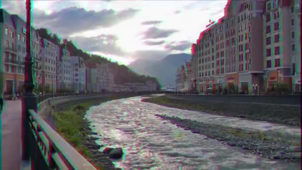 Efekt Glitch Quay Rosa Khutor Wieczorem Rzeka Mzymta Soczi Rosja — Wideo stockowe