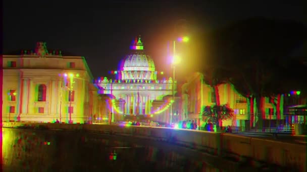 Efeito Falha Basílica São Pedro Vista Tibre Boa Noite Roma — Vídeo de Stock