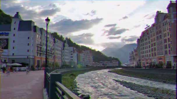Glitch Effekt Rosa Khutor Kvällen Mzymta River Sochi Ryssland Juli — Stockvideo