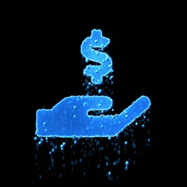 Wet symbol hand holding usd is blue. Water dripping — Stock Photo, Image