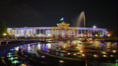 Aksaklık etkisi. Almat, Kazakistan - 29 Ağustos 2016: Birinci Cumhurbaşkanı'nın parkının giriş grubu. Gece. Video. Ultrahd (4k))