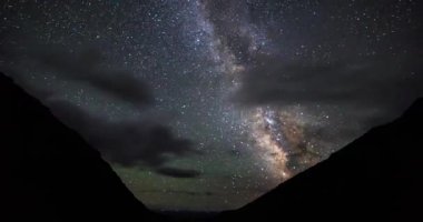 Aksaklık etkisi. Dağlar üzerinde yıldızlar. Bulutlar ve ay doğuşu. Plato kara-say (3,800 m.) Kırgızistan. Zaman atlamalı. Video. UltraHD (4k)