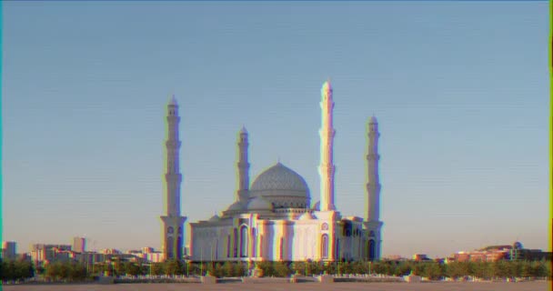 Glitch Effekt Hazrat Sultan Moské Vid Solnedgången Almaty Kazakstan Zoom — Stockvideo