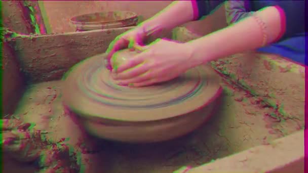 Glitch Effect Potter Wheel Women Hands Trying Make Pot Video — Stock Video