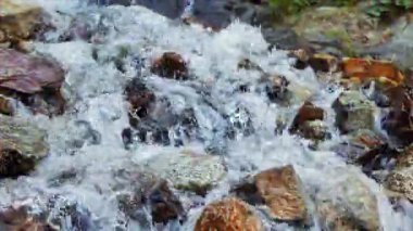 Aksaklık etkisi. Taşlar üzerinde temiz su çalışır. Valley Issyk-ata, Kırgızistan. Video. UltraHD (4k)